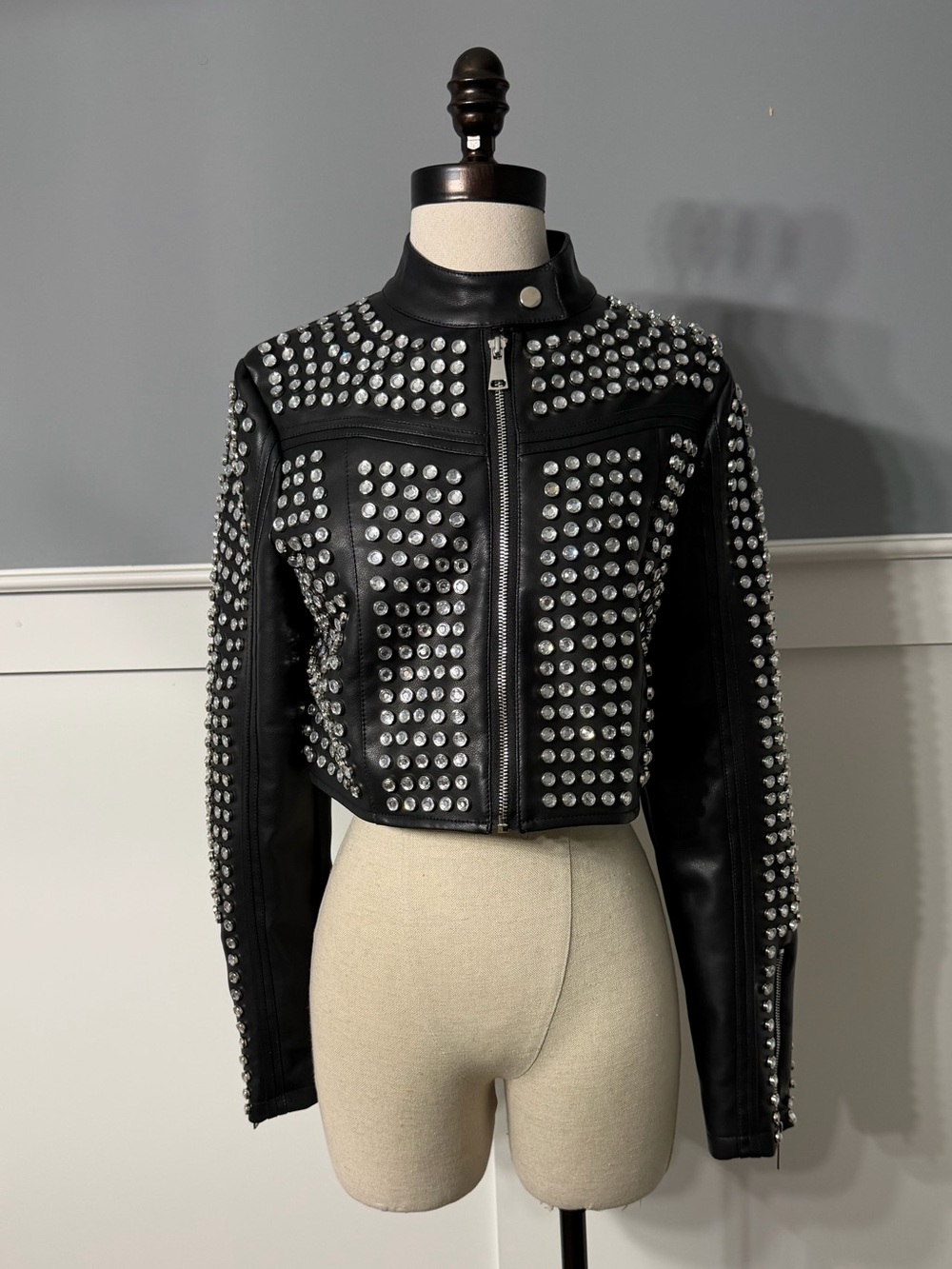 Diamond Studded Black Leather Crop Jacket - Women's
